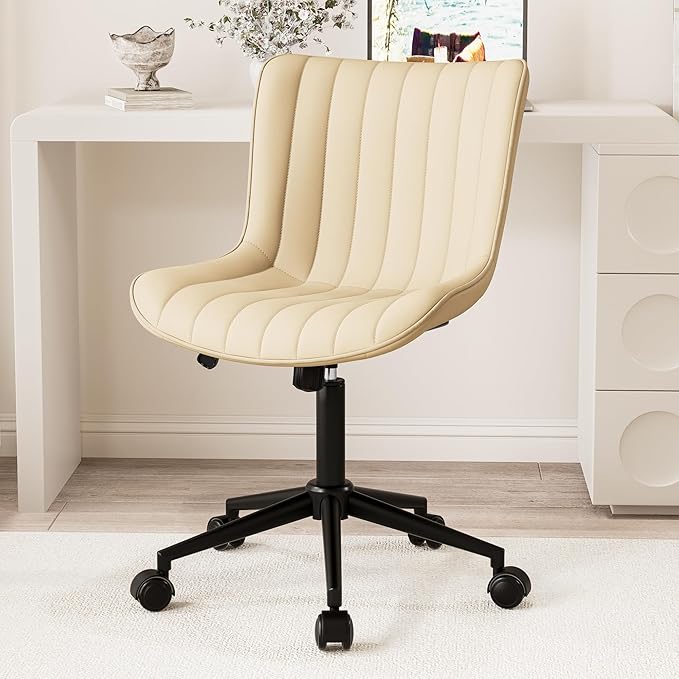Kidol & Shellder Beige Leather Home Office Desk Chair with Wheels Modern Cute Armless Executive Swivel Vanity Chair with Comfy Padded Back Ergonomic Rolling Adjustable Computer Task Chair Small