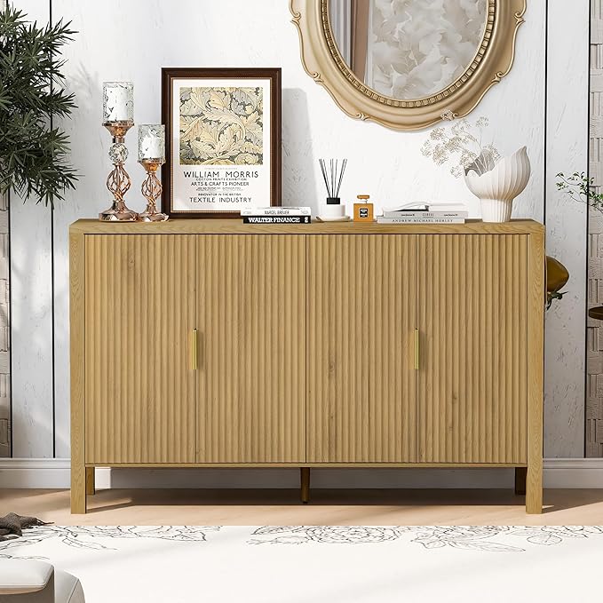 57.5'' Modern Console Table Sofa Table with Storage Racks & Side Hooks, Accent Stripe 4-Door Buffet Sideboard Serving Storage Cabinet with Adjustable Shelves for Living Room Kitchen (Natural-NEW)
