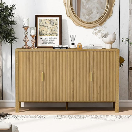 57.5'' Modern Console Table Sofa Table with Storage Racks & Side Hooks, Accent Stripe 4-Door Buffet Sideboard Serving Storage Cabinet with Adjustable Shelves for Living Room Kitchen (Natural-NEW)