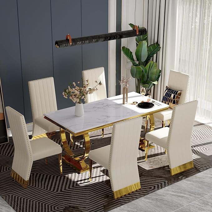 White and Gold Dining Chairs, White Faux Leather Upholstered Dining Chair Set of 4, Glam Nailhead Trim Dining Chairs with Gold Legs