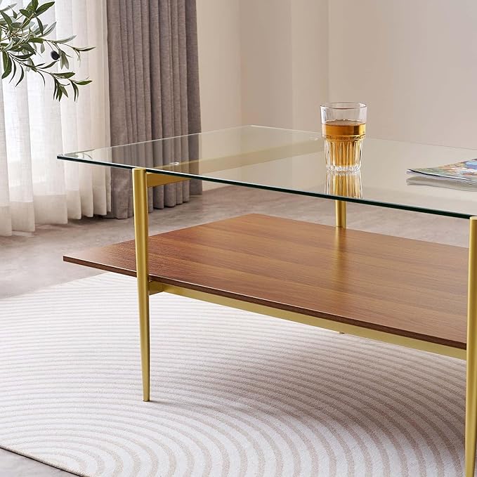 Extra Large Rectangle Glass Coffee Table, Mid-Century Modern Design, for Living Room, L47 x W24 x H17 Inch, Clear Glass Top and Walnut MDF Shelf, Sleek Conical Metal Legs with Gold Finish