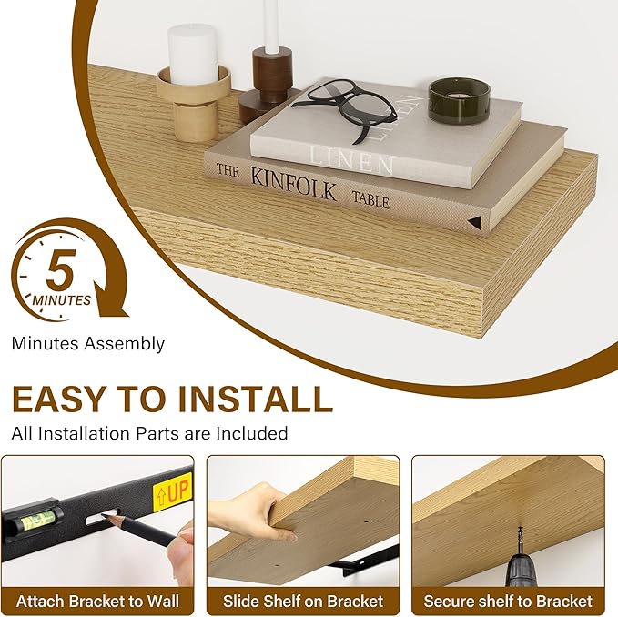 40 Inch Floating Shelves Set of 2, 8 Inch Deep Wall Shelf, Rustic Wood Storage Shelves for Bedroom, Kitchen, Bathroom, Wall-Mounted Shelf with Invisible Brackets for Books|Storage|Decor, Oak