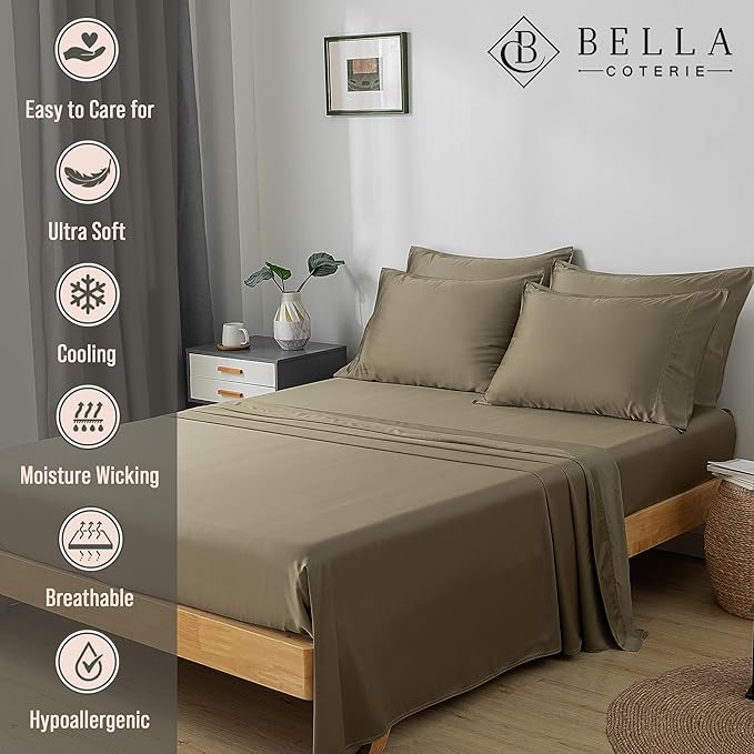 Bella Coterie 6 Piece Luxury Bamboo Viscose Split Top King Size Sheet Set | 34" Split for Adjustable Beds | 100% Organically Grown| Cooling | 18” Deep Pocket | 4 Pillowcases [Olive]