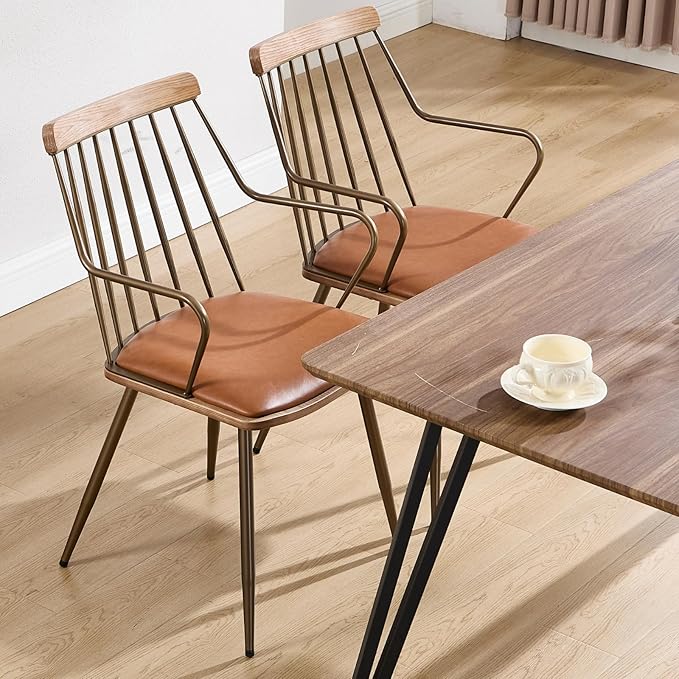 Modern Dining Chairs Set of 4, PU Upholstered Dining Chairs with Metal Legs, Wood Kitchen Chairs with Fence-Like Back and Curved Arm for Dining Room Kitchen Restaurant Reception (Brown)
