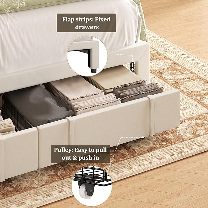 King Bed Frame with Storage Drawers, Upholstered King Size Platform Bed with 47" Tall Headboard and Wingboard, No Box Spring Needed, NO Noise, Easy Assembly, Wooden Support Slats, Beige