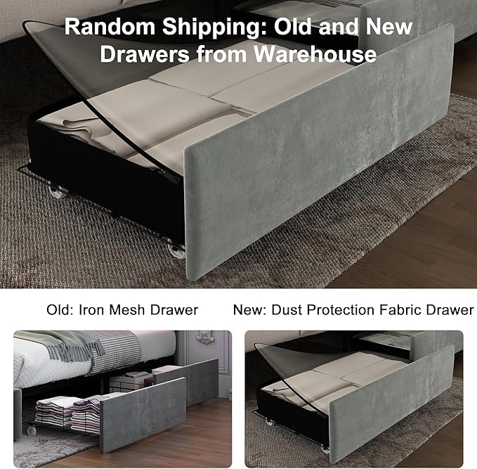 Full Bed Frame with LED Lighting and Storage Drawers, No Box Spring Needed, Supports 900 lbs, Easy Assembly, Quiet and Sturdy Design, Velvet Gray
