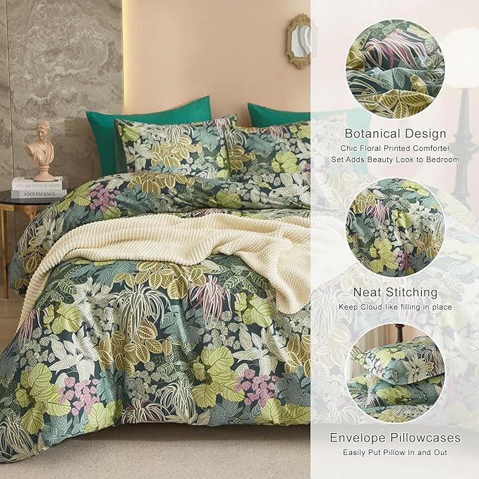 EAVD Green Leaves Botanical Comforter Set Soft Fluffy Microfiber Tropical Leaf Bedding Set with 2 Pillowcases Reversible Plant Leaves Comforter Set for All-Season