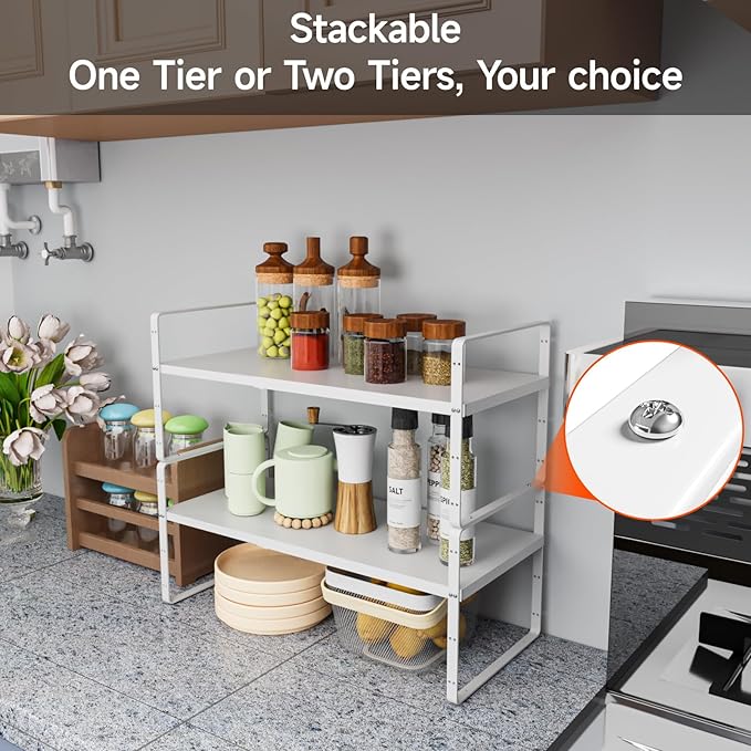 2Pack 16.5-27’’L Expandable Cabinet Countertop Shelf Organizer, Stackable Metal Shelves, Kitchen Organizers and Storage, White Storage Spice Rack for Pantry and Cupboard