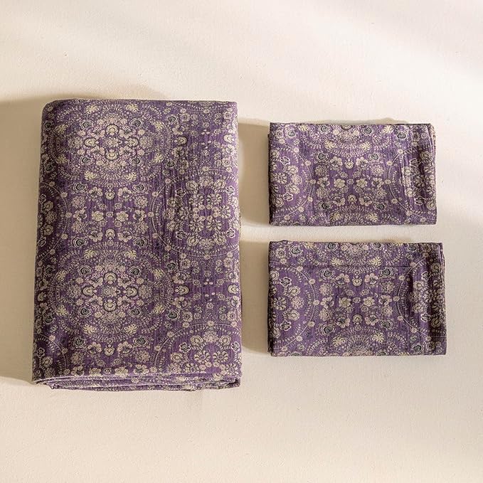LifeTB Purple Green Floral Duvet Cover Queen Vintage Boho Medallion Bedding Set Queen 3 Pieces Jacquard Flower Comforter Cover Floral Yarn-Dyed Textured Linen Cotton Duvet Cover with 2 Pillowcases