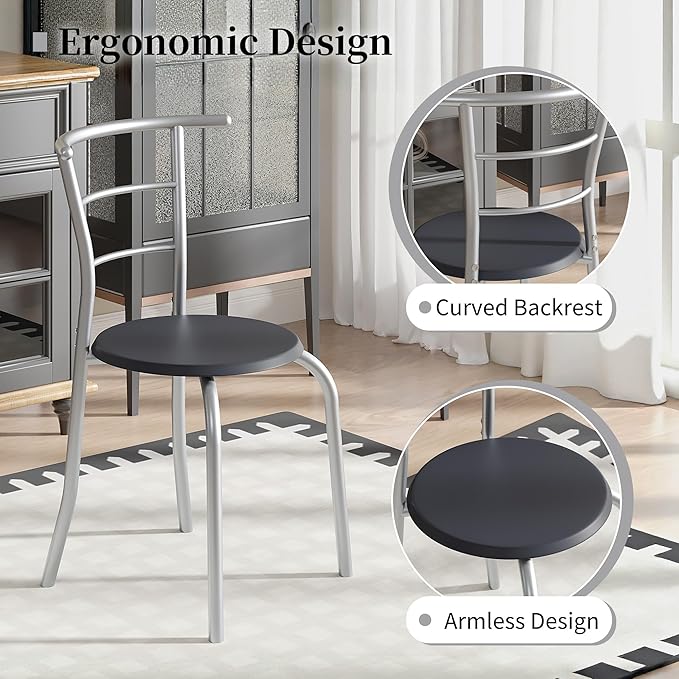 VECELO 3-Piece Dining Table Set for Kitchen Breakfast Nook, Wood Grain Oval Tabletop and Metal Frame with Built-in Wine Rack, for Small Spaces, Black & Silver