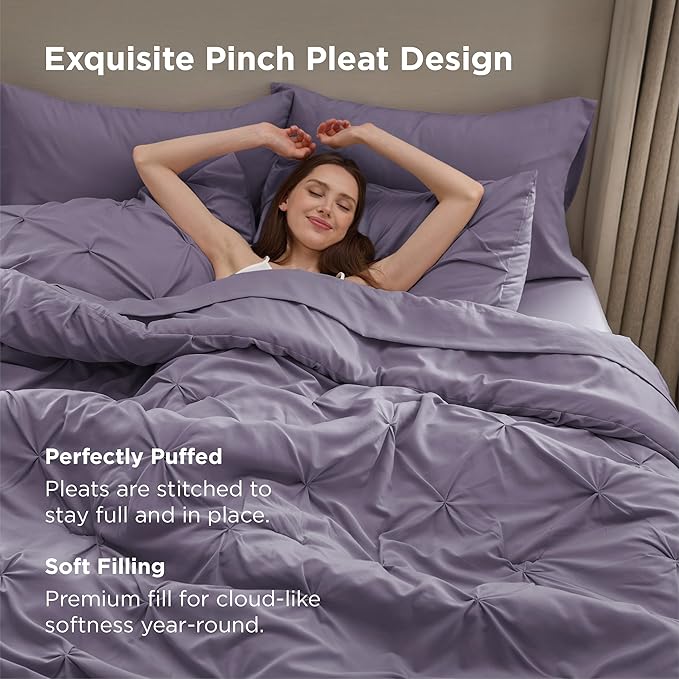 Bedsure Queen Comforter Set - Bed in a Bag Queen Size Bedding 7 Pieces, GentleSoft™ Pintuck Bed Set Gift for Family, Pinch Pleat Grayish Purple Comforter with Sheets, Pillowcases & Shams