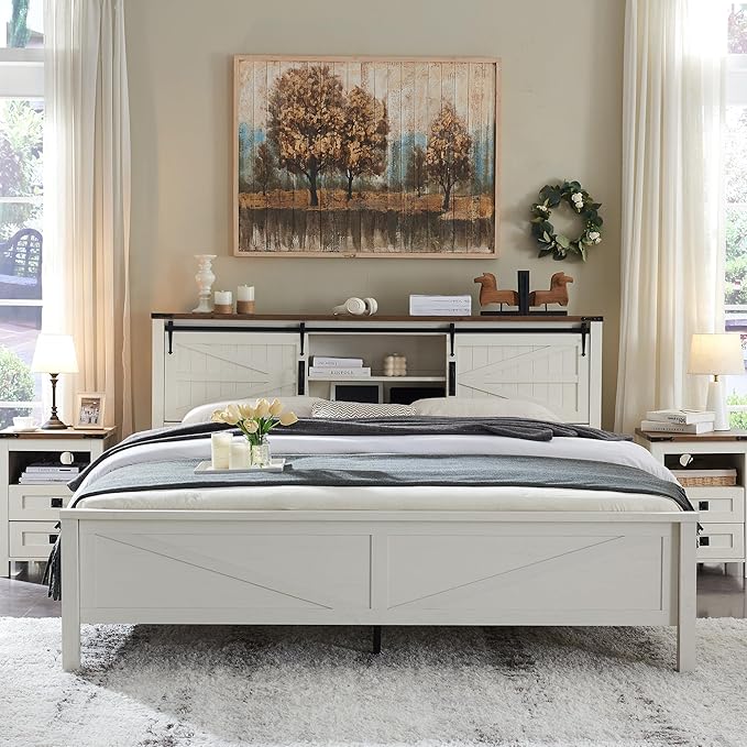 RedLemon Farmhouse King Size Bed Frame with Bookcase Headboard, Sliding Barn Door, Storage Cabinet, Charging Station, Wood Slats Support, No Box Spring Needed