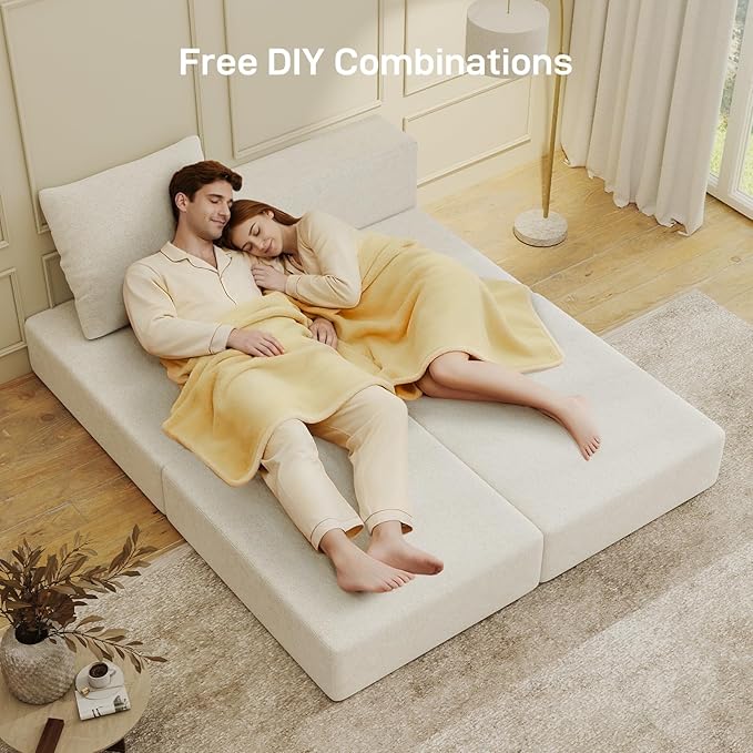 Living&Giving Cloud Sectional Couch for Living Room, Modular Boneless Couch with 1 Ottoman, Middle-seat Can Be Combined with Modular Sofa, Customizable Layout for Any Space, Beige