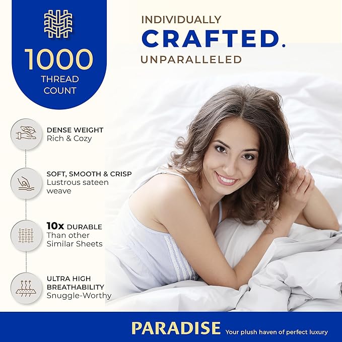 THREAD SPREAD 100% Egyptian Cotton Queen Size Sheet Set Pack of 2-High Thread Count Queen Size Sheets Set, (White), 16" Deep Pocket, Cooling Sateen Weave Ultra Luxury Bedsheets