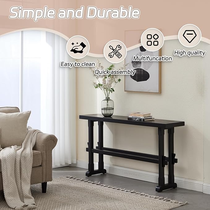 Kmax Entryway Table, 59 inchs Wood Farmhouse Console Table Boho Hallway Table Rustic Couch Table Behind Sofa for Outdoor Entrance Living Room - Black