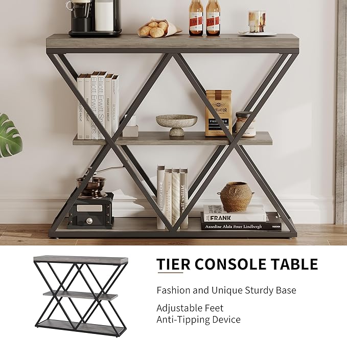Garvee 3-Tier Entryway Table, Industrial Console Sofa Table with Storage, Accent Table with Open Shelves, X-Shaped Metal Frame, Foyer Table for Entryway, Hallway, Gray