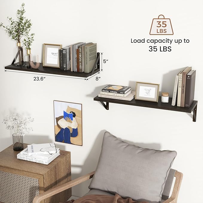 Axeman Black Floating Shelves for Wall | 24 Inch Floating Shelves Set of 2 | 24W x 8D Rustic Wood Shelves for Bathroom Kitchen Living Room | Bookshelf Display Shelves - Black