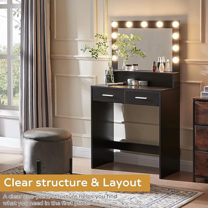 MIRROTOWEL Vanity Desk with Mirror and Lights, Dressing Table with Large Drawer, 2 Level Storage Dresser & 3 Lighting Modes Adjustable Brightness, Suitable for Bedroom