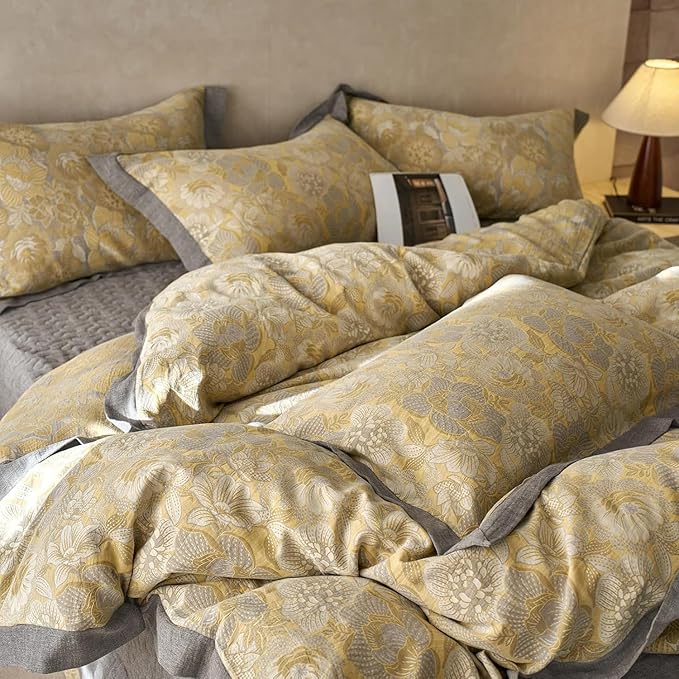 LifeTB Vintage Flower Duvet Cover King Yarn-Dyed Cotton Linen Textured Duvet Cover Jacquard Golden Floral Duvet Cover Bordered Garden Style Botanical Comforter Cover Chic Farmhouse Bedding Set King