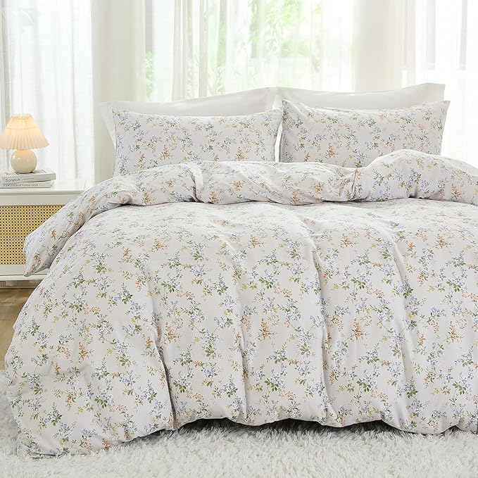 EAVD Vintage Style Garden Floral Comforter Set Full Soft Microfiber Chic Shabby Green Leaves Colorful Floral Bedding Set with 2 Pillowcases Fresh Botanical Comforter Set for All-Season
