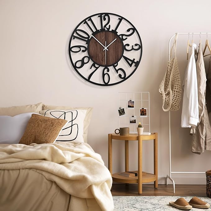1st owned Large Wall Clock for Living Room Decor- 20" Decorative Antique Silent Non Ticking,Battery Operated,Black Metal,Wood Clocks for Farmhouse,Dining Room,Bedroom,Kitchen - Arabic Numerals