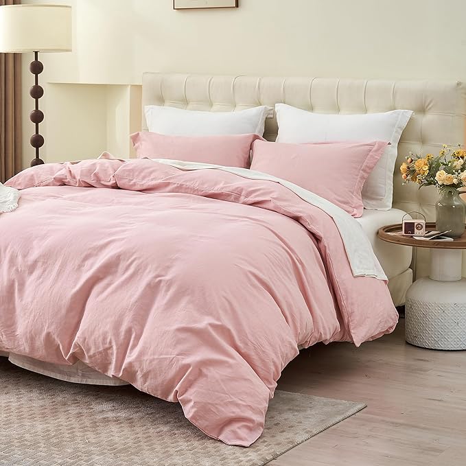 Simple&Opulence French Linen Duvet Cover Set 88" x 92"- 3 Pieces (1 Comforter Cover,2 Pillowcases)- Natural Flax Cotton Blend-Solid Color Breathable Farmhouse Bedding- Pale Pink, Queen