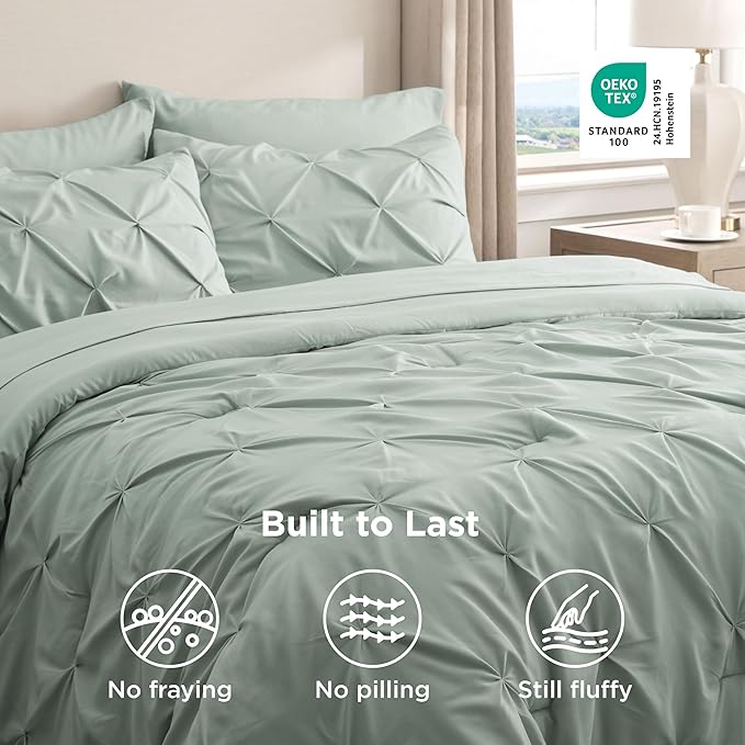 Bedsure Oversized King Comforter Set Sage Green - Bed in a Bag Bedding Set 7 Pieces, GentleSoft™ Pintuck Bed Set Gift for Family, Pinch Pleat Sage Green Comforter with Sheets, Pillowcases & Shams