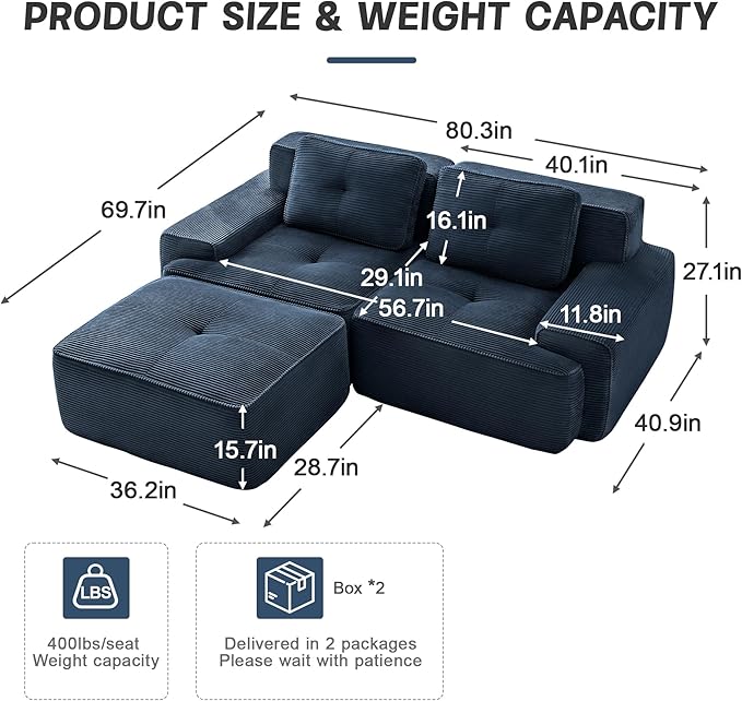 80'' Loveseat Sofa, 32D Foam Corduroy Boneless Couch with Pillow, Deep Seat Wide Arm Sectional L Shaped Couch for Living Room, Small Spaces, Studio Apartment