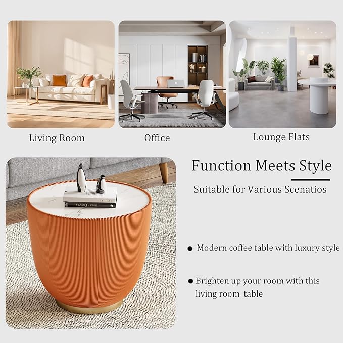 Round Coffee Table Set with Sintered Stone Tabletop, 27.56" White Drum Center Table and 19.69" Orange Coffee Table Set, 2 Pieces Living Room Table Set with Fluted PU Leather Cover& Metal Base
