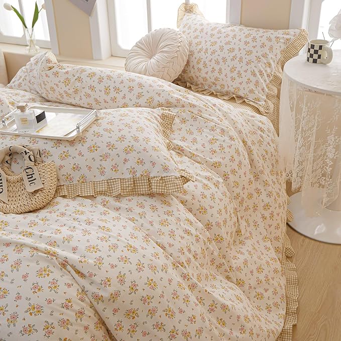EAVD French Garden Style Ruffled Floral Comforter Set Twin XL Fluffy Soft Microfiber Chic Shabby Pink Yellow Floral Bedding Set with 2 Pillowcases Fresh Botanical Comforter Set for All-Season