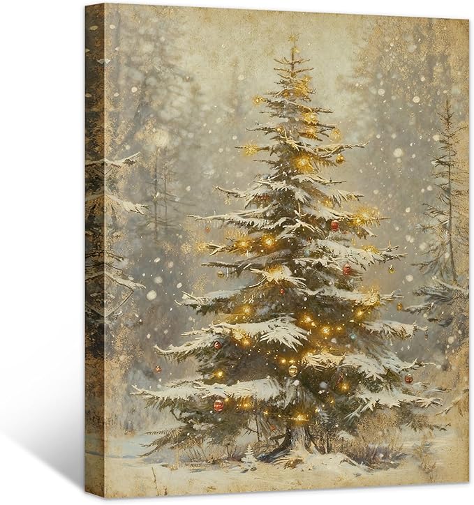 Framed Christmas Pictures Wall Decor,Vintage Pine Tree Prints,Winter Christmas Canvas Wall Art Decoration for Bedroom Bathroom Living Room Rustic Xmas Holiday Gifts (Christmas Tree 2, 11'' X 14'')
