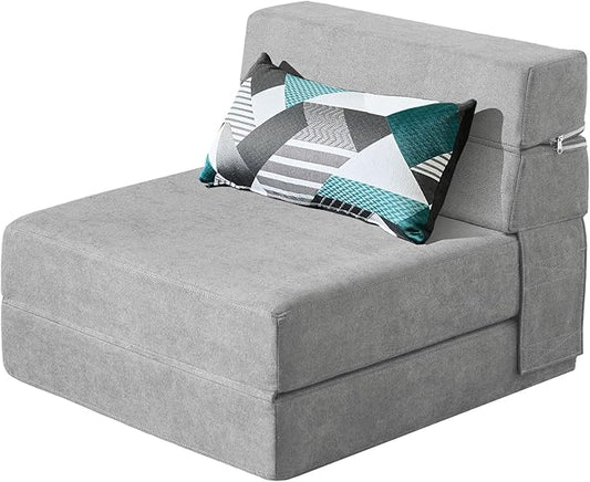 ANONER Folding Sofa Bed Couch Memory Foam Fold Out Chair Bed with Pillow, Single Size Convertible Sofa Bed Futon Sleeper Chair, Light Gray
