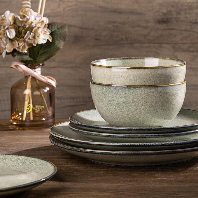 AmorArc Ceramic Dinnerware Sets for 4, 12 Pieces Handpainted Stoneware Plates and Bowls Set, Scratch Resistant Dishes Set, Dishwasher & Microwave Safe, Reactive Color