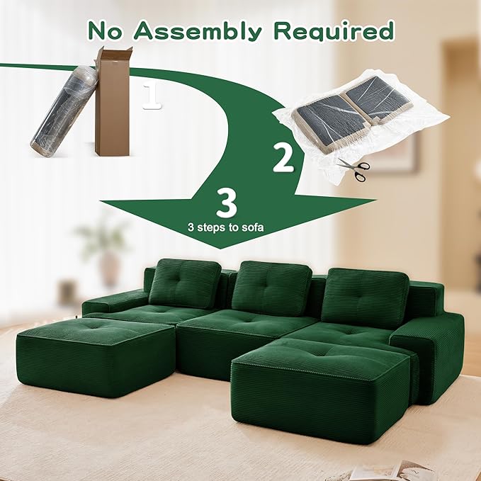 115.3'' Sectional Sofa, 32D Foam Corduroy Boneless Couch with Pillow, Deep Seat Wide Arm Sectional U Shaped Couch for Living Room, Apartment, Bedroom