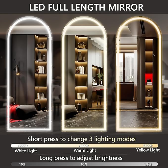 Hasipu 71" x 24" Led Mirror Full Length, Arch Mirror Full Length with Lights, Floor Full Body Glass with Stand,Tempered Glass,Shatter-Proof, Dimming & 3 Color for Bedroom Cloakroom-UL