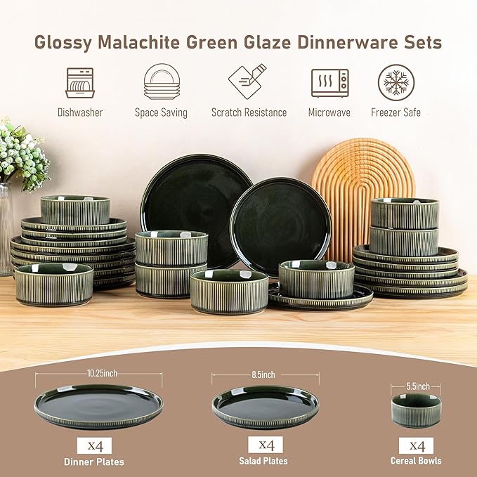 GBHOME Stoneware Dinnerware Sets for 4,Round Reactive Glaze Ceramic Plates and Bowls Set,Highly Scratch Resistant | Dishwasher & Microwave Safe Dishes Set,Service for 4(12Pcs),Earth Green