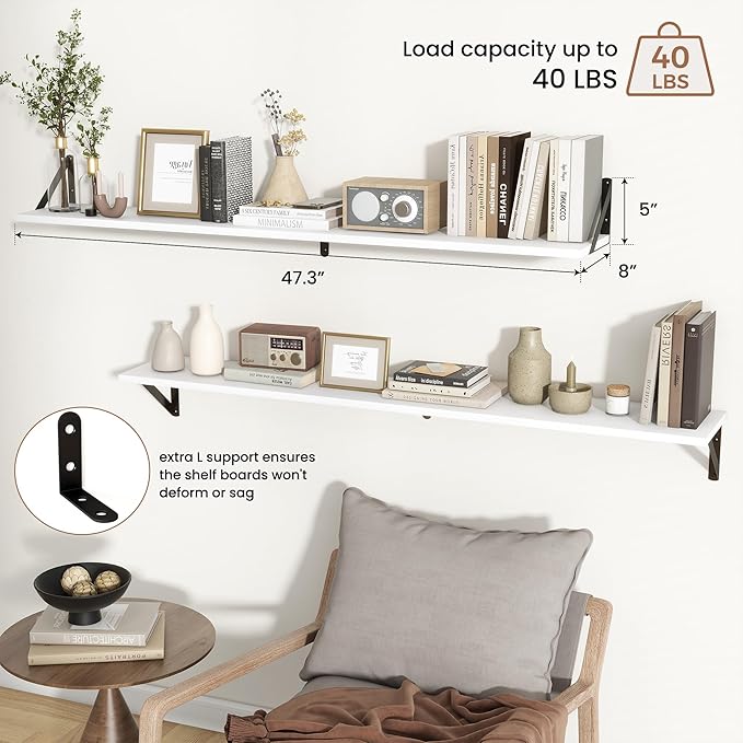 Axeman White Floating Shelves for Wall 48 Inch | 47.3W x 8D Rustic Wood Floating Shelves Set of 2 | 8 Inch Deep Long Wall Shelves for Bathroom Kitchen Living Room | Bookshelf Display Shelves