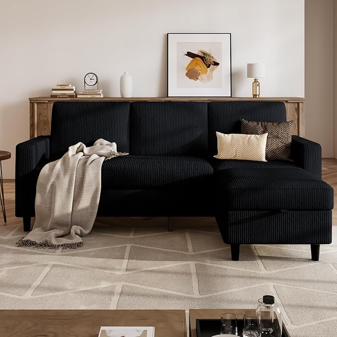 Sectional Couches for Living Room, L Shaped Couch with Storage Ottoman, Small Sofa Corduroy Couch with Side Pockets, Modern 3 Seater Convertible Sofa for Apartment, Office, Black
