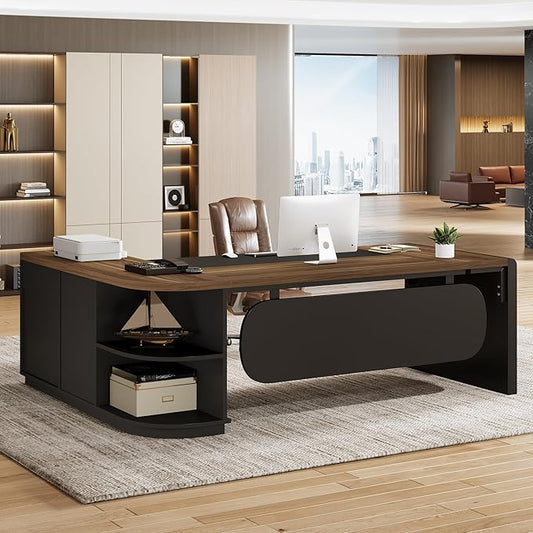 Tribesigns 80'' L-Shaped Desk, Large Executive Office Desk with 55'' Drawers Cabinet, Modern Commercial Office Table with Storage Shelves, Business Furniture for Home Office, Brown & Black