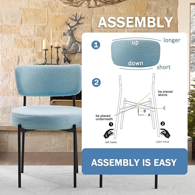 Blue Boucle Dining Chairs Set of 6, Upholstered Dinner Chair with Metal Frame, Dining Room Chairs with Padded Seat, Round Modern Seating for Living Room