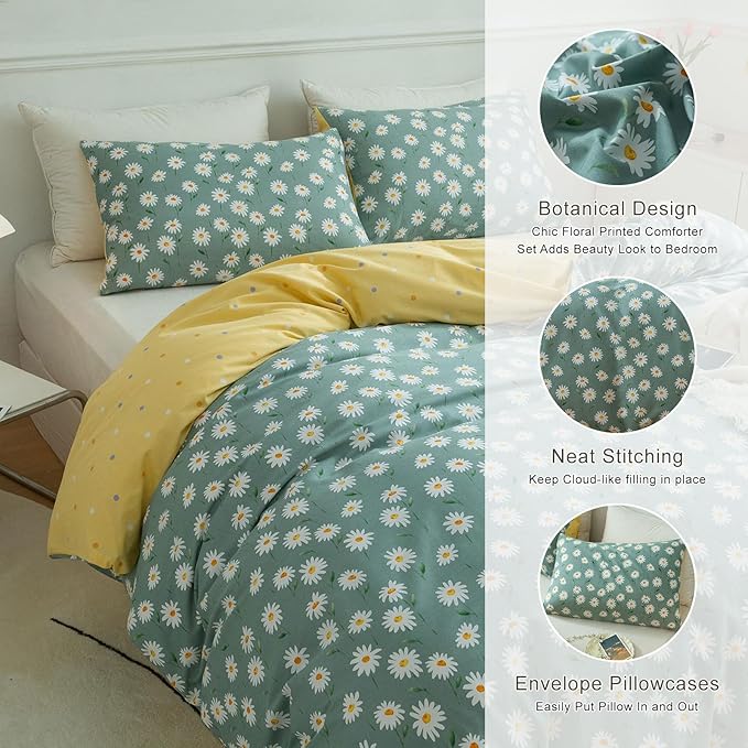 EAVD Garden Style Daisy Floral Comforter Set Twin XL Sage Green Soft Microfiber Fresh Chic Daisy Bedding Comforter with 2 Pillowcases Botanical Comforter Set for All-Season