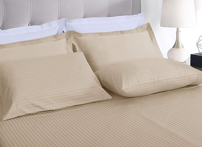 Threadmill 100% Cotton Sheets for Cal King Size Bed - 600 Thread Count Cal King Bed Sheets Set with 16” Deep Pocket - Damask Stripe Sateen Weave 4-Piece Bedding Set with Cooling Effect, Beige