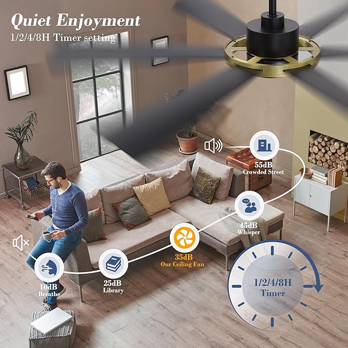 ELEHINSER 60" Ceiling Fan with Lights - 6 ABS Plastic Blades, 3 Downrods, 6-Speed Reversible DC Motor, 3CCT, Windmill Ceiling Fan for Kitchen Bedroom Living Room, Black and Brass
