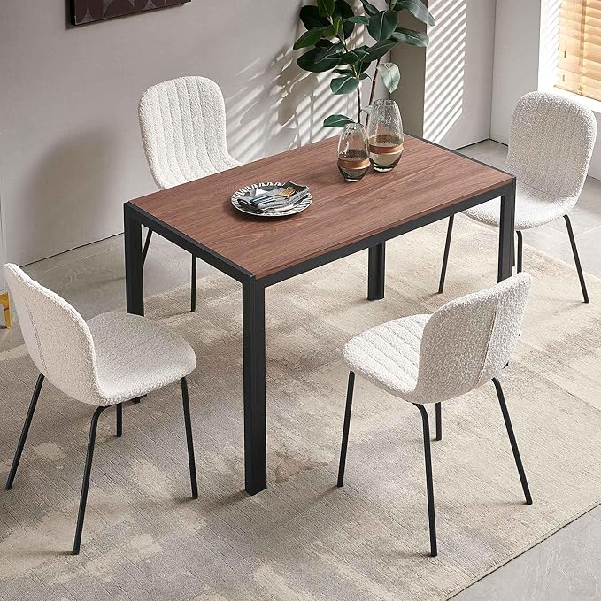Modern Dining Table Set for 4, 47" Solid MDF Table Faux Wood Industrial Style Kitchen Table Set with 4 Beige Boucle Dining Chairs for Breakfast Nook, Dinette