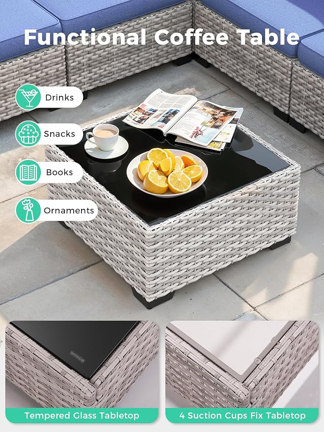 9 Piece Outdoor Wicker Rattan Sectional Sofa Set with Swivel Chairs, 7-Seats Conversation Set with 4" Thickened Cushions & Coffee Table, All-Weather PE Rattan for Garden, Backyard, Porch, Blue
