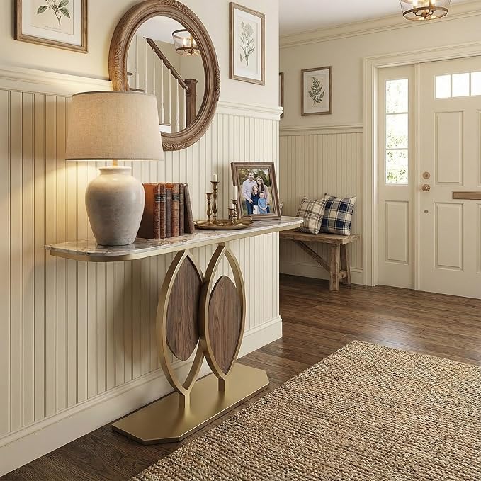 Stone Console Table Gold for Entryway, Modern Foyer Table Sofa Tables Narrow Long Stone Top for Living Room, Hallway Decor, Creative Styling(White,31.5"x11.8"x31.5")