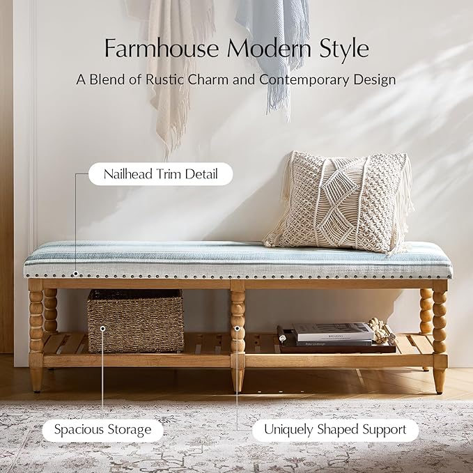 HULALA HOME Entryway Bench with Soild Wood Shelf, 58" Upholstered Shoe Storage Bench with Spindle Legs, Nailhead Trim Detail for Bedroom, Living Room, Hallway, Strip