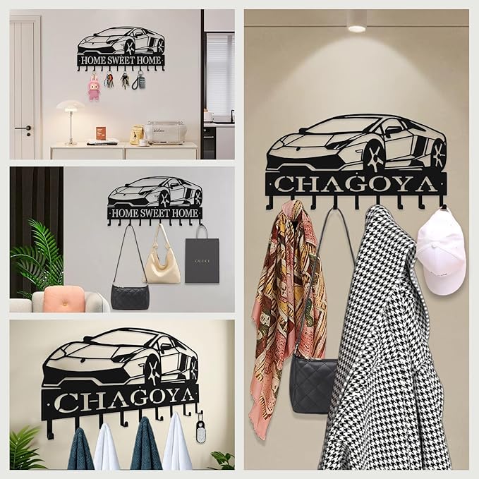 Personalized Key Hooks for Wall,Custom Name Black Car Key Holder Wall Mounted,Fashion Coat Rack,Metal Key Hanger with Hooks,Key Rack Organizer for Entryway,Hallway,Doorway
