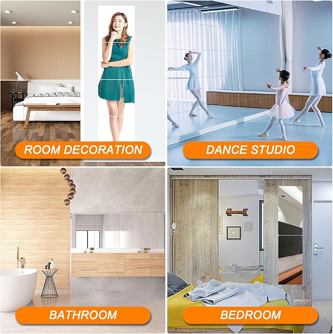 4 Pack Wall Mirror Full Length, 18 x 18 Inch Unbreakable Acrylic Mirror Tiles, Shatterproof Flexible Plastic Mirror Sheets for Bedroom Home Gym Door (4P 18"x18")
