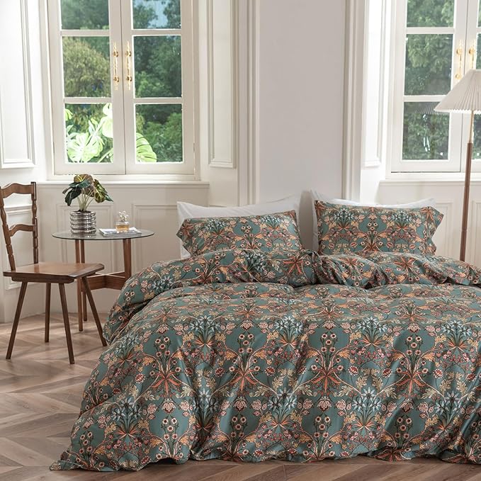 EAVD Boho Floral Comforter Set Full Fluffy Microfiber Garden Floral Bedding Set 1 Full Comforter with 2 Pillowcases Reversible Botanical Vintage Comforter Set for All-Season